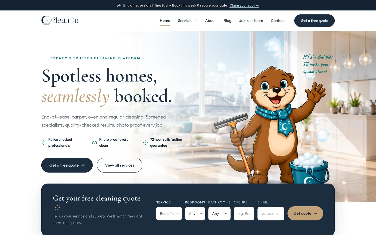 CleanOn homepage on desktop